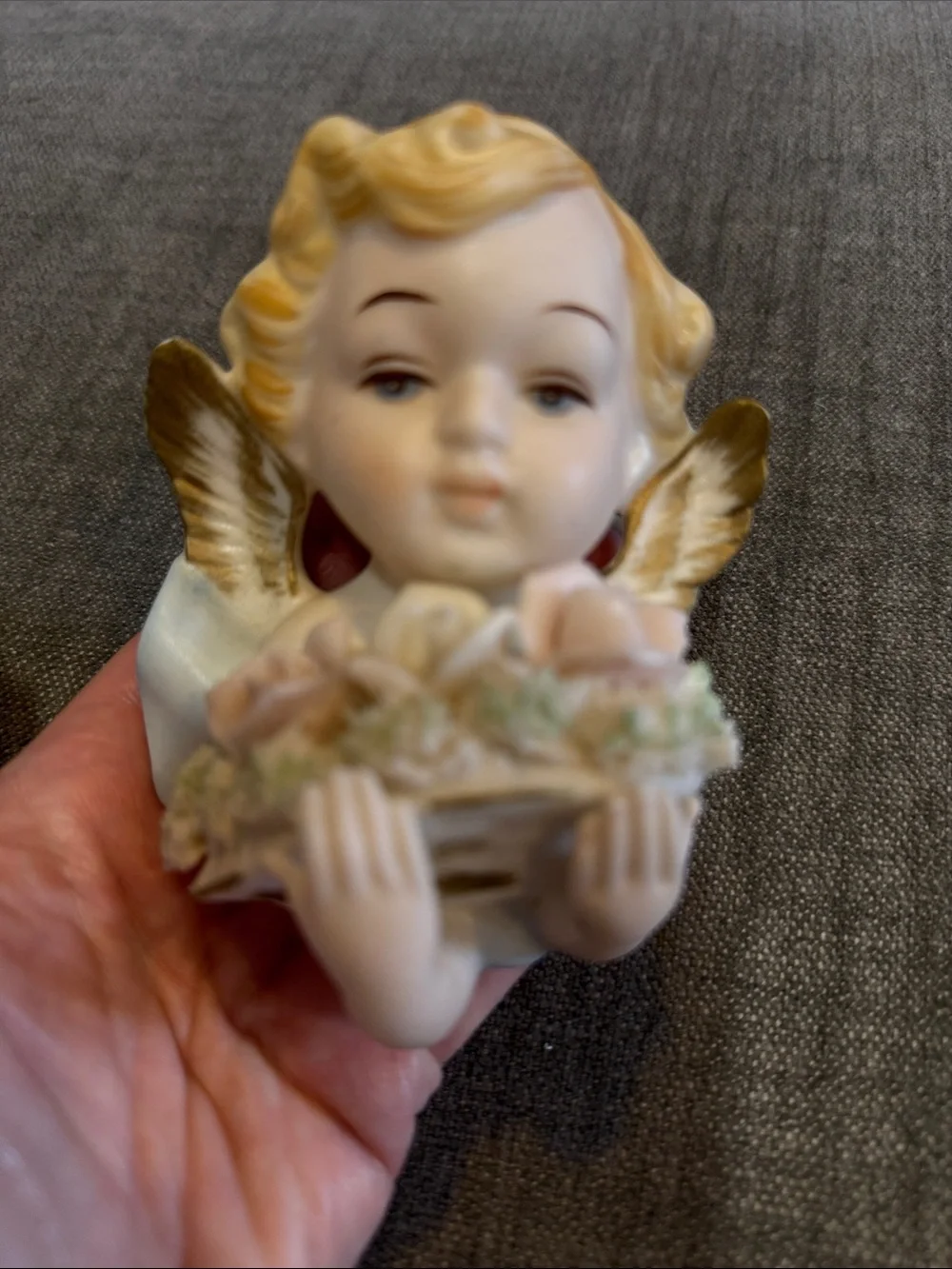 Vintage Porcelain Angel wall hanging  with Pink Roses and Gold Accents